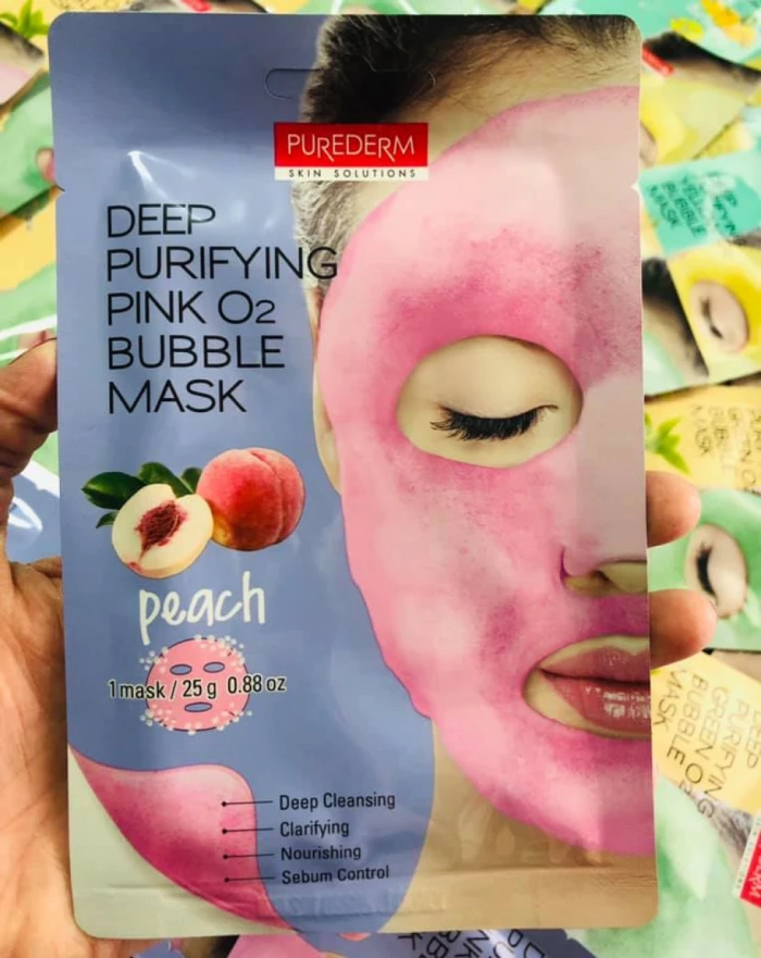Бульбашкові тканинні маски на основі екстрактів персика, зеленого чаю та куркуми, від провідного корейського бренду PUREDERM